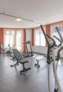 Light-filled fitness room at the Hotel Alpenblick with modern cardio and strength training equipment, large windows, and complimentary yellow towels.